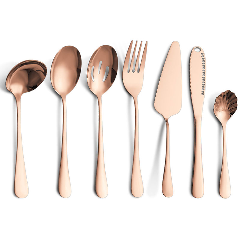 Couverts colorés en acier inoxydable, 6-24 pièces, couteau, fourchette, cuillère, service de table, vaisselle en or, service de table, ustensiles de cuisine: Rose gold-7PCS