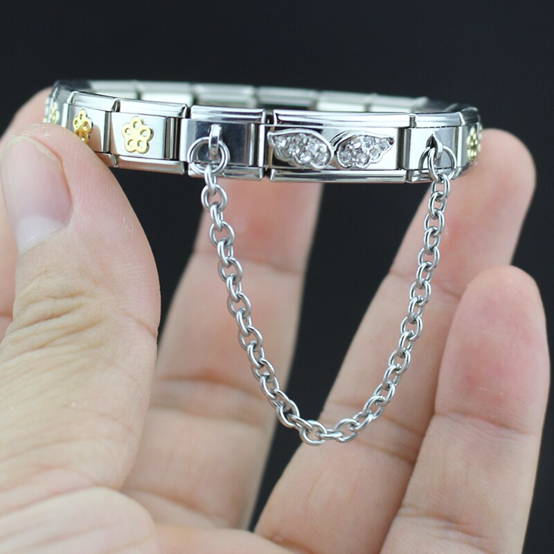 Glücks-Armbinde für damen aus edelstahl, 9mm- teilig, mit flügelgliedern, blumen- und herzanhänger, armreif, schmuck  g64-10