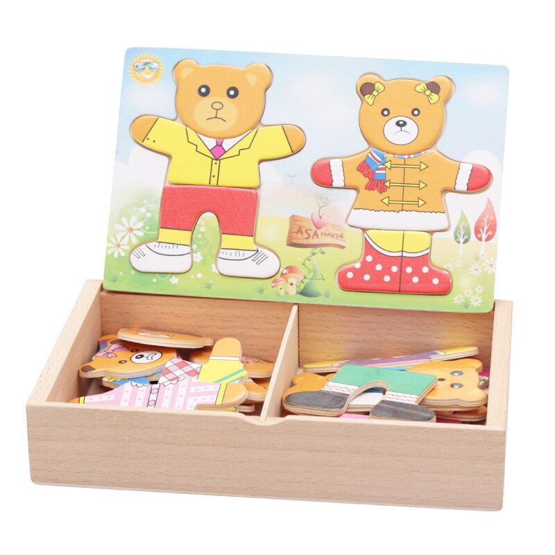 Fly puslespil legetøj træ 4 bjørn familie skab tredimensionelt puslespil træ legetøj til børn: 2 bjørne