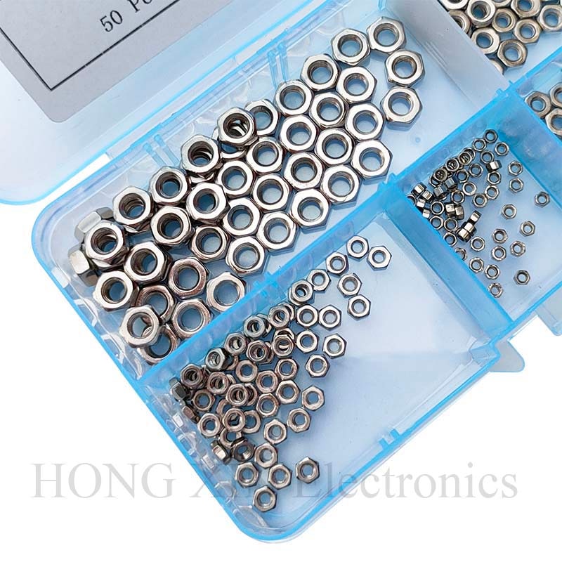 250Pcs/set Nickel Plated M1.6 M2 M2.5 M3 M4 Carbon Steel Hex Nut Assortment Kit Hexagon Nuts Metric Thread Assortment Kit