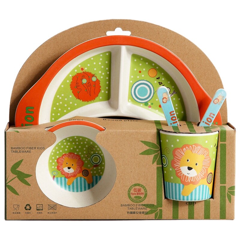 Vajilla de fibra de bambú para comer con dibujos animados para bebés, plato de comida para niños, plato de alimentación para niños, Bol de entrenamiento para niños, cuchara, tenedor, 5 unids/set: E