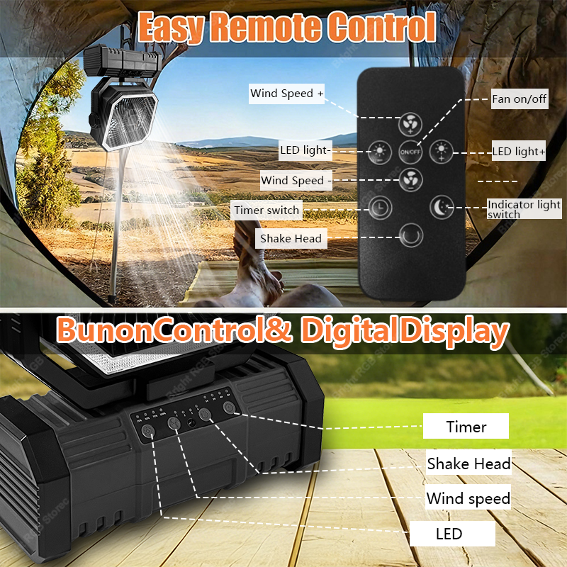 Ventilator de camping alimentat cu baterii de 20000 mah cu cârlig de agățare cu rotație de 360 ° pentru corturi de pescuit, ventilator de tavan reîncărcabil pentru camping