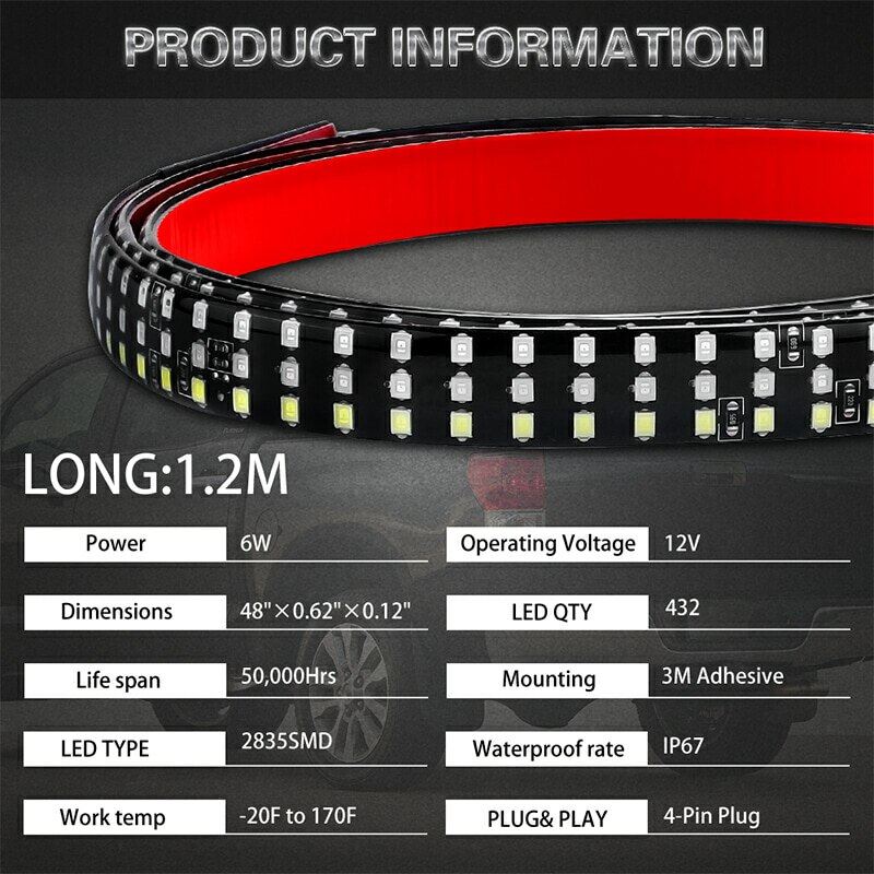 48 inch Truck Tailgate LED Light Bar 3 Row 6-Funtions Brake Reverse Turn Signal Stop Tail Strip For Jeep Pickup SUV for Dodge