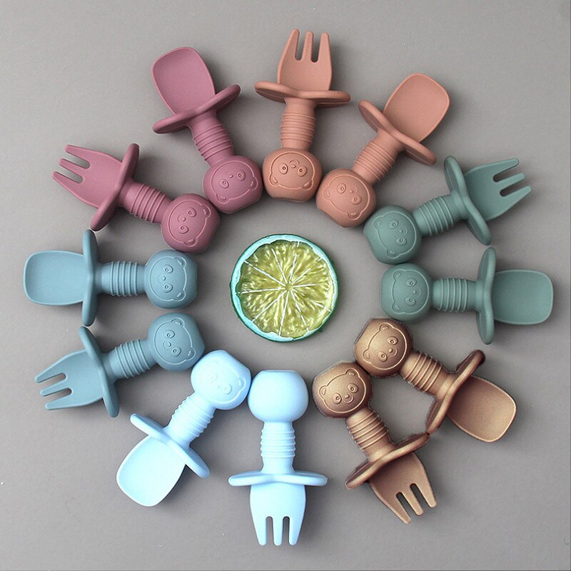 Juego de 2 unids/set de vajilla de silicona para bebé, utensilios de entrenamiento de autoalimentación, de fácil agarre, tenedores de mango corto