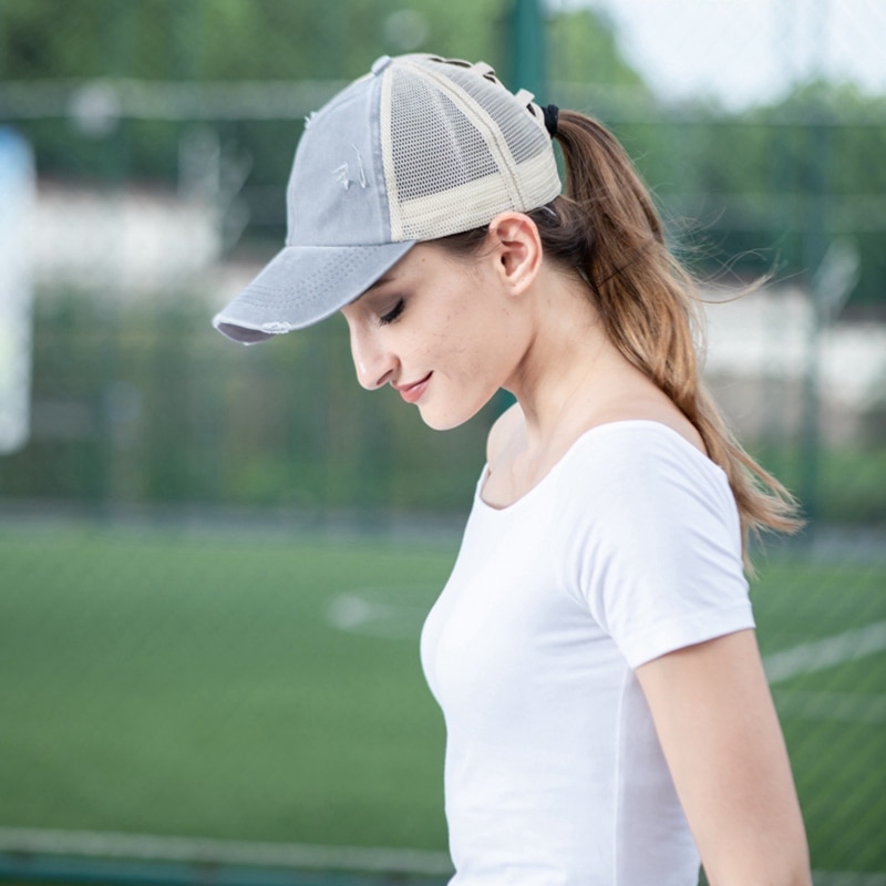 Women Running Tennis Cap Sport Summer Breathable Sun Protection Caps Messy Bun Mesh Hats Adjustable Sport Cycling Caps