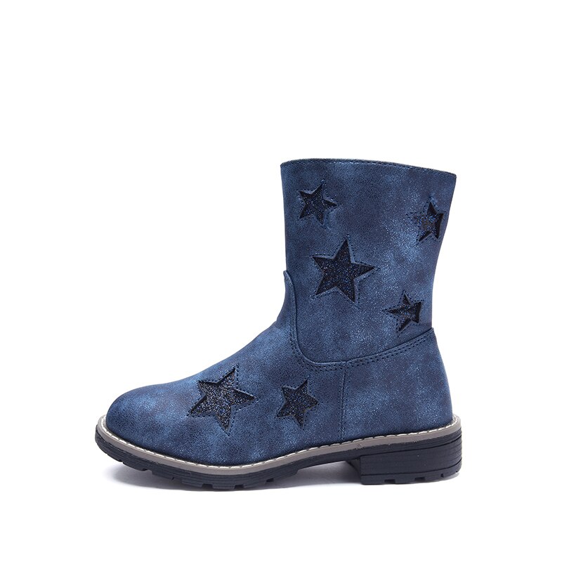 Hellenia Spring little Girls eco-Leather Shoe mesh lining Children Mid Calf Boot boys Brand Navy bling stars size 24-29