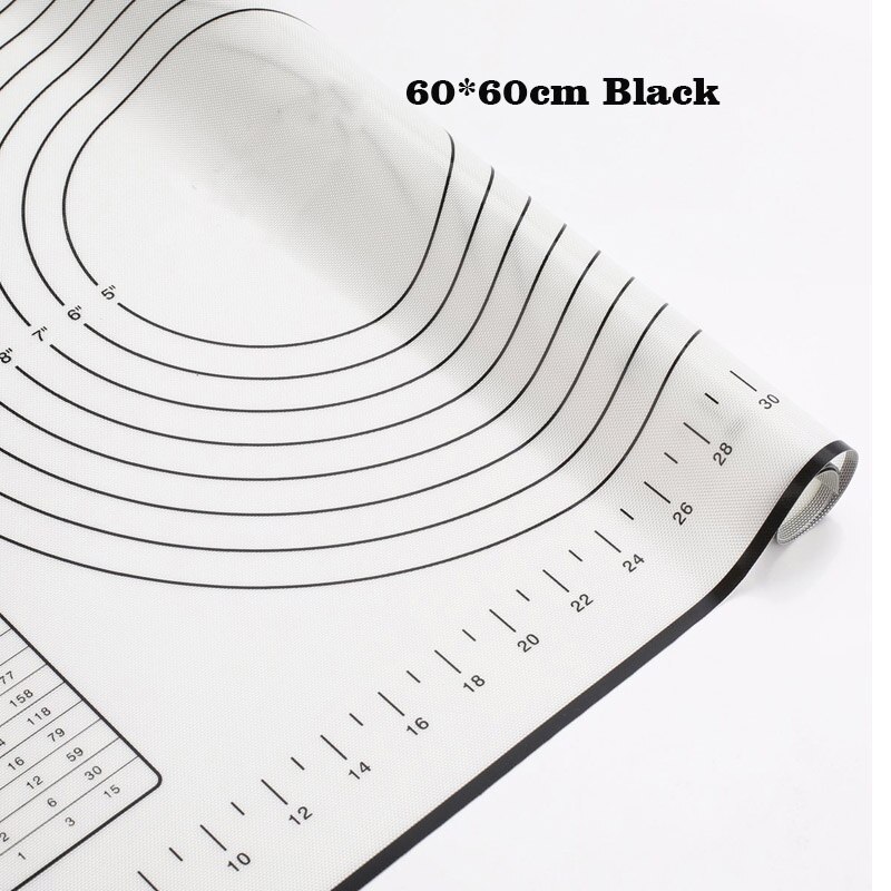 60*60cm Grote Maat Siliconen Bakken Mat 30cm Kneden Deeg Mat met Schaal Non Stick Rollende Gebak mat voor Bakken Keuken Tool: 60x60cm Black