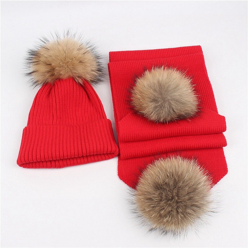 Luxe Vrouwen Hoeden En Sjaals Kinderen Sneeuw Dragen Hoeden Winter Gebreide Skullies 2Pcs Unisex Effen Kleur: Rood / Adult