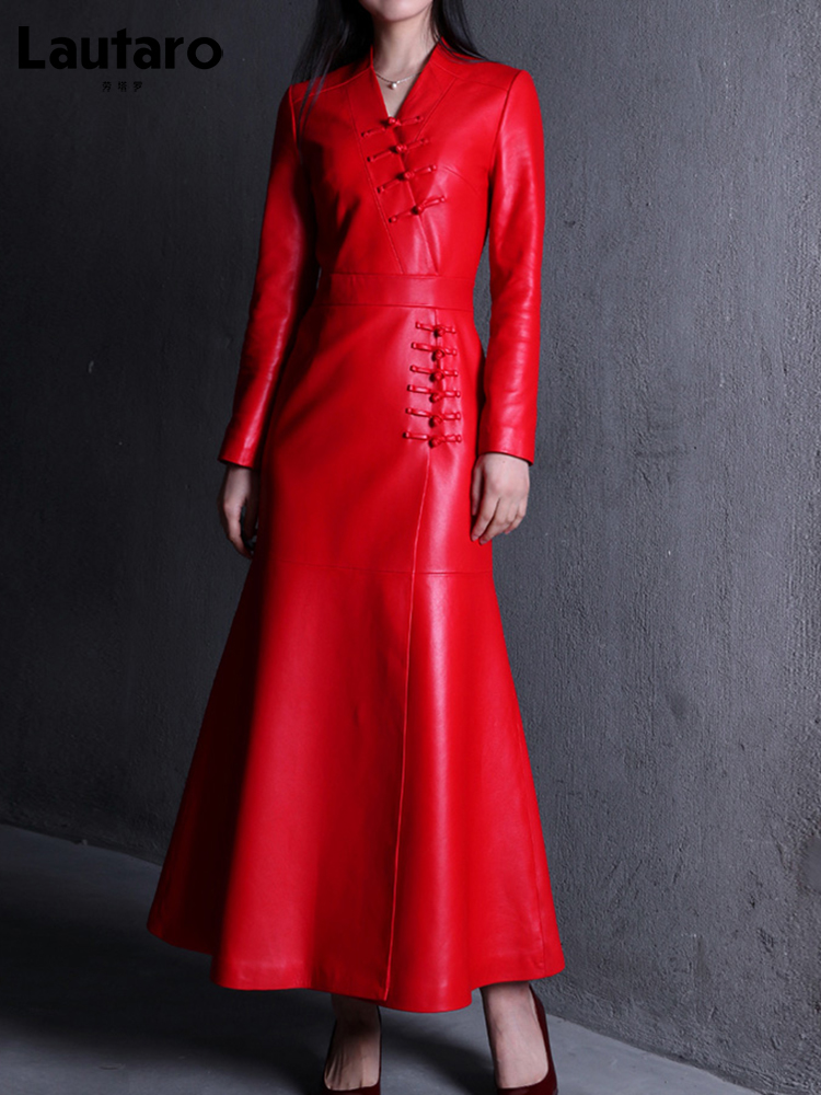 Lautaro primavera autunno Extra lungo rosso nero aderente morbido cappotto in ecopelle donna con bottoni nodo cinese scollo a V abiti firmati: XL / Rosso