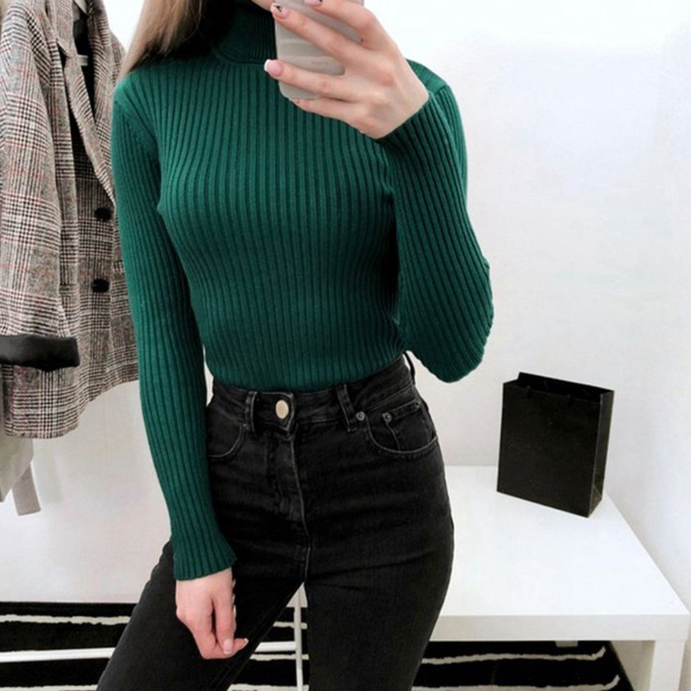 Dam tröjor vinter höst tröja med turtle neck elastisk smal stickad pullover bottentröja dam pullovers tröjor