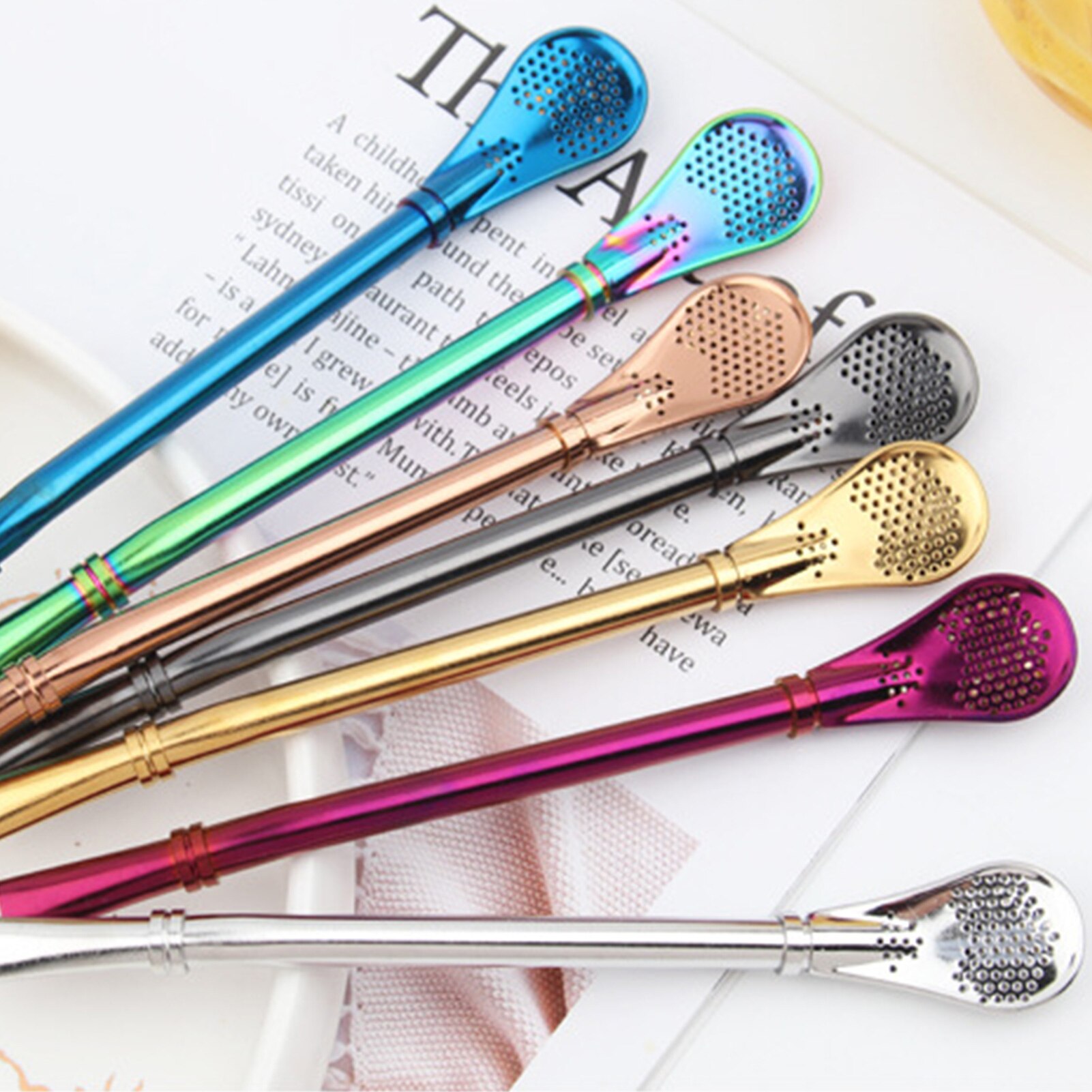 2 in 1 Spoons Stainless Steel Long Handle Drinking Straw Spoon Tea Filter Dessert Spoon Reusable Coffee Stirring Spoon Teaspoon