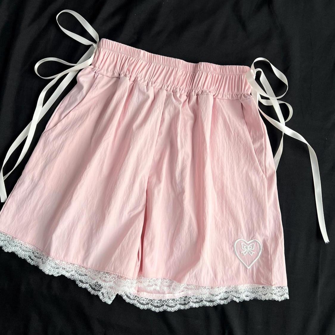 Højtaljede shorts i japansk stil med blonder, ruched patchwork,  y2k vide ben til kvinder, bandage, sløjfe, sommer, knælange, hotsweet, korte bukser: Xl