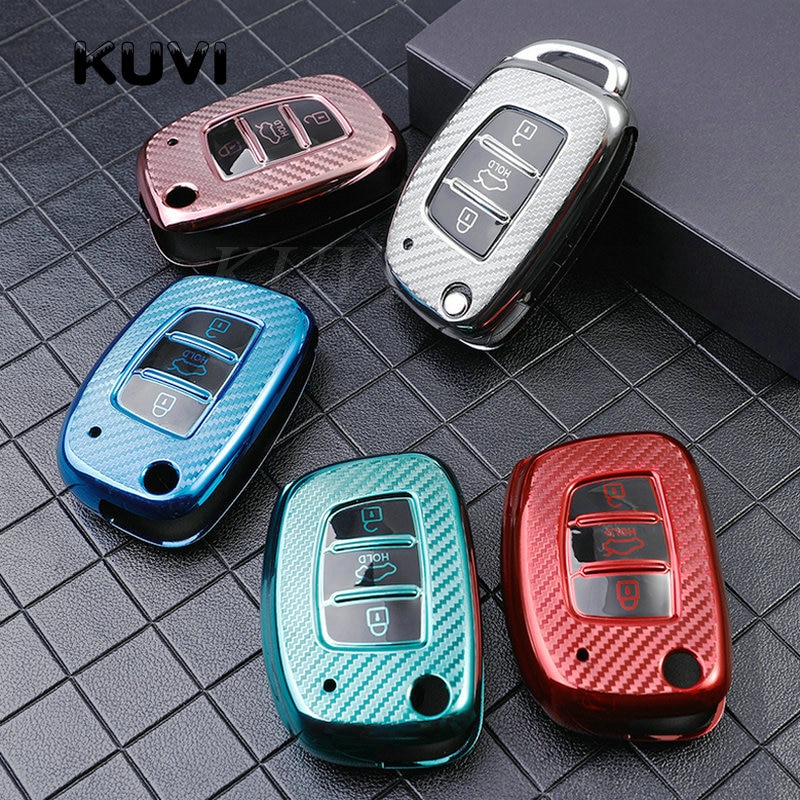 Carbon Fiber TPU Car Key Cover Case Shell for Hyundai Tucson Creta Ix25 I10 I20 I30 Verna Mistra Elantra Santa Fe