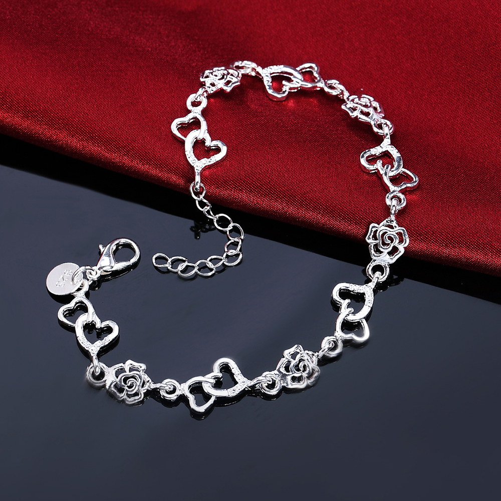 Beautiful 925 Sterling Silver Bracelet for women bracelet HEART lovely FLOWER chain Wedding Party cute lady nice jewelry