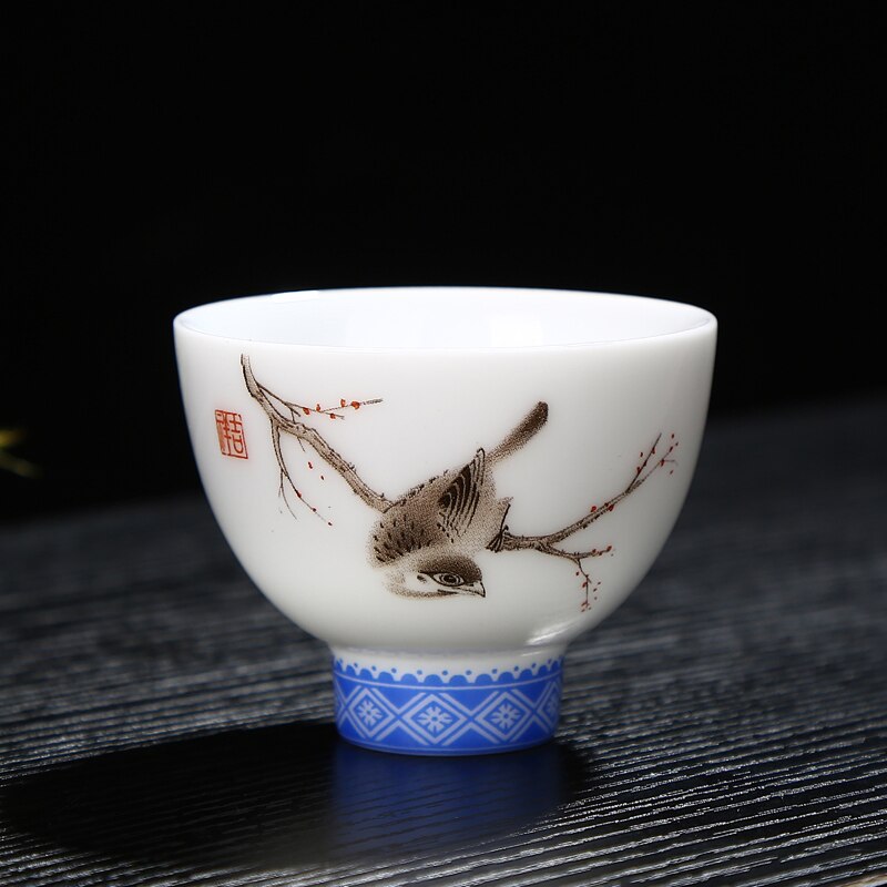 Håndtegnet fugl te kop blå og hvid porcelæn kop keramik mønster puer kop personlighed tekop: B