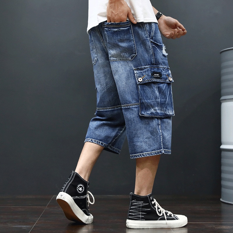 Herr streetwear sommar jeansshorts i bomull under knä lös passform casual cargo korta jeans hombre hip hop elastiska midja byxor