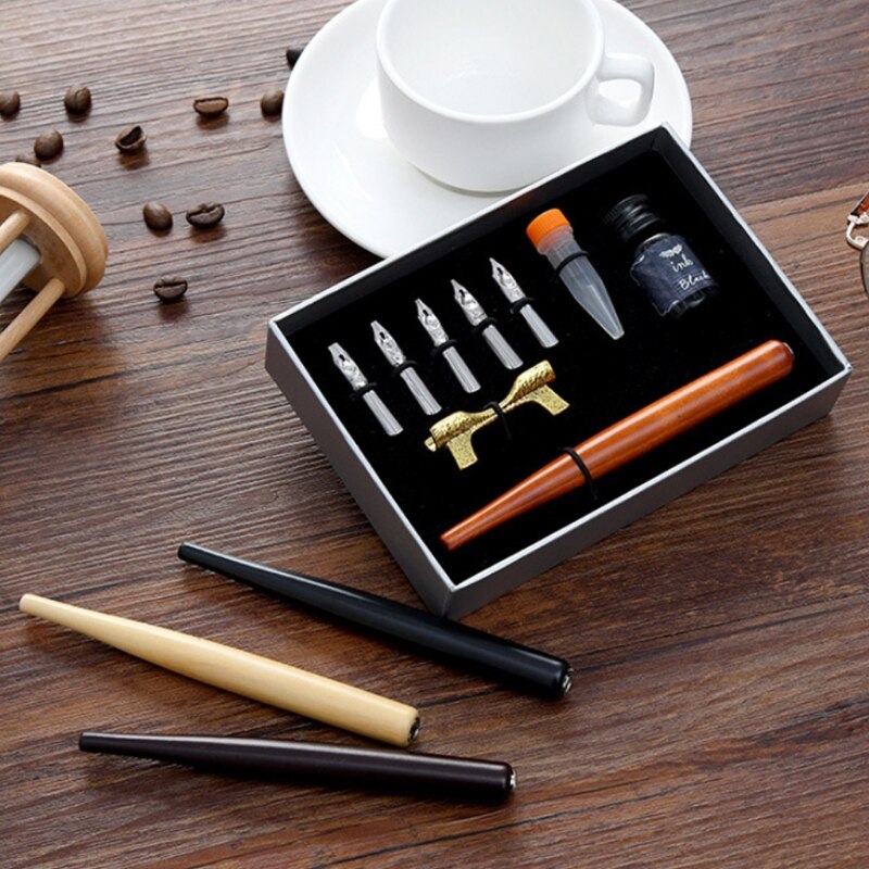 Calligraphy Fountain Dip Pen + 5 Nibs Ink Kit Box for Lettering Sketching