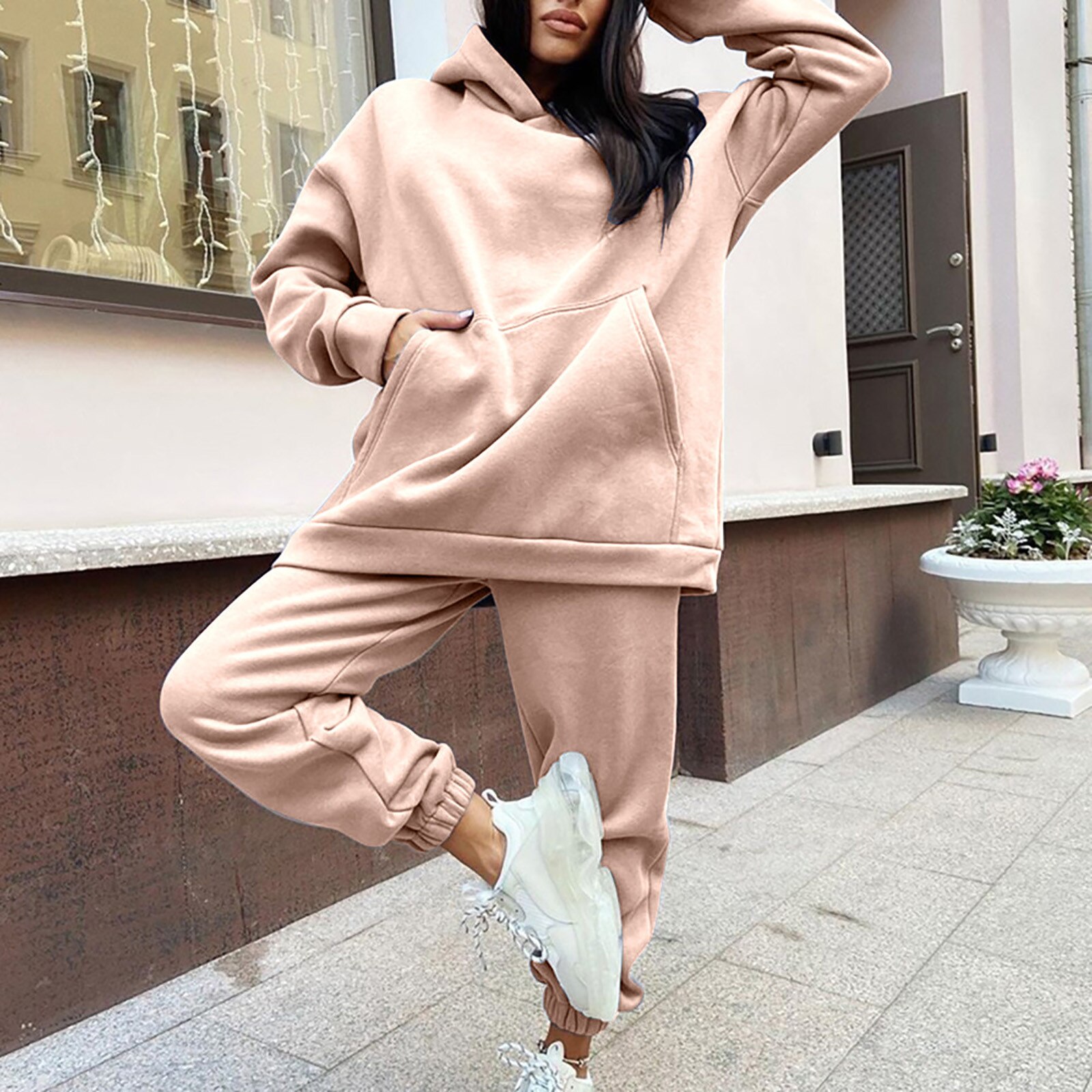 Autumn Winter Fleece Hoodies Two Piece Set Ladies Casual Sports Suit Hooded Pullover Solid Color Tracksuits Gym Clothing #3: S / Khaki