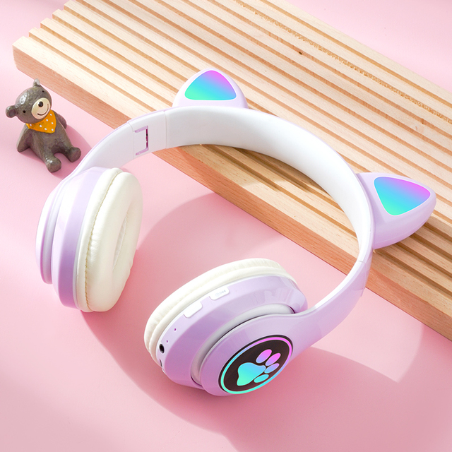 Glowing Light Cute Cat Bluetooth Kid Headphone with Mic Can Close LED Girls Music Bass Helmet Phone Tablet Wireless Headset: purple