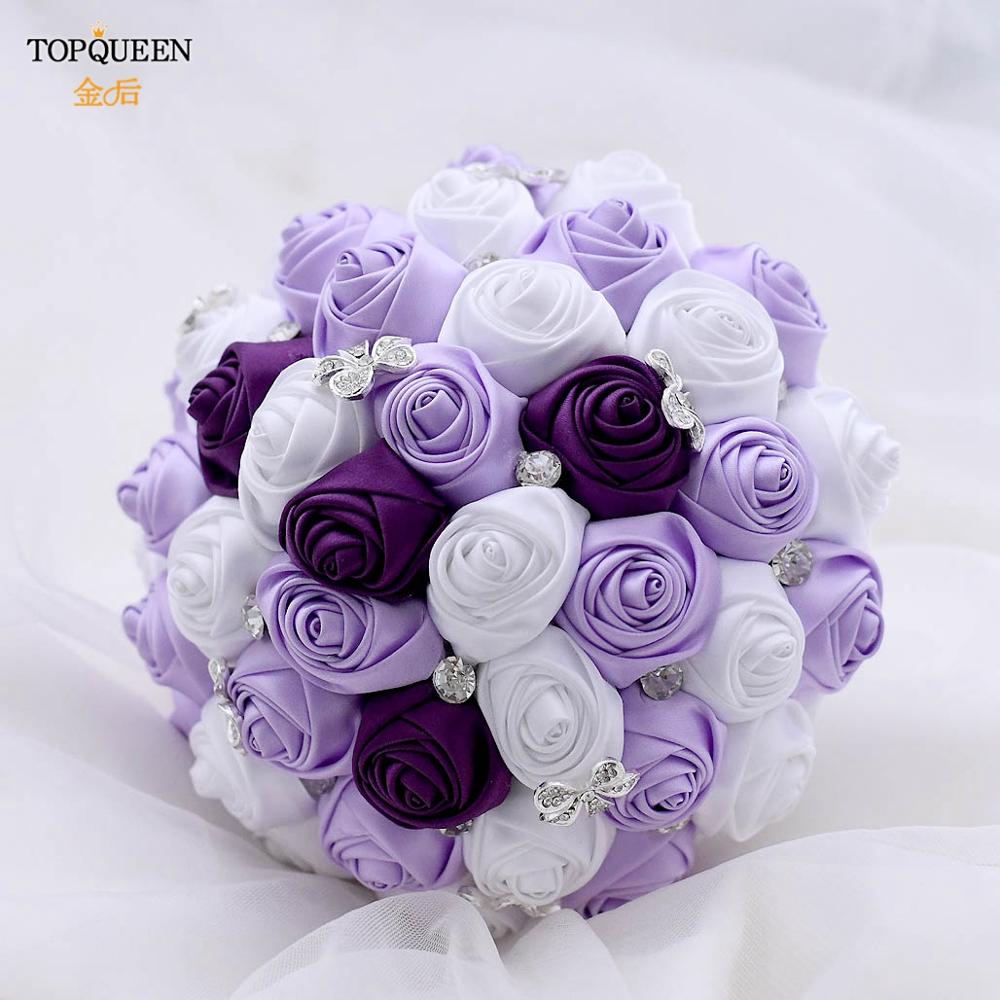TOPQUEEN Artificial Flower Rose buque casamento Bridal Bouquet for Wedding Lavender White Gorgeous Crystal Wedding Bouquet F7