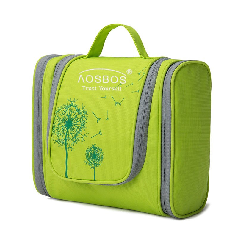 Aosbos bolsa de cosméticos impermeável, bolsa grande de nylon para homens e mulheres, organizador para viagem, kit de higiene pessoal: green