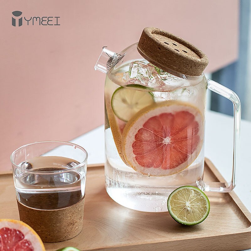 Ymeei glas kork vattenkokare trätäcke blomma tekanna värmebeständig juice kall vattenkokare med korklock kaffekanna