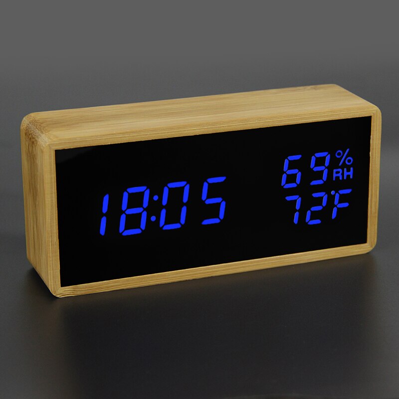 100% Bamboo Digital Alarm Clock Wooden LED Table Clock Electronic Despertador Desk Brightness Voice Snooze Control Temperature: 87-Blue