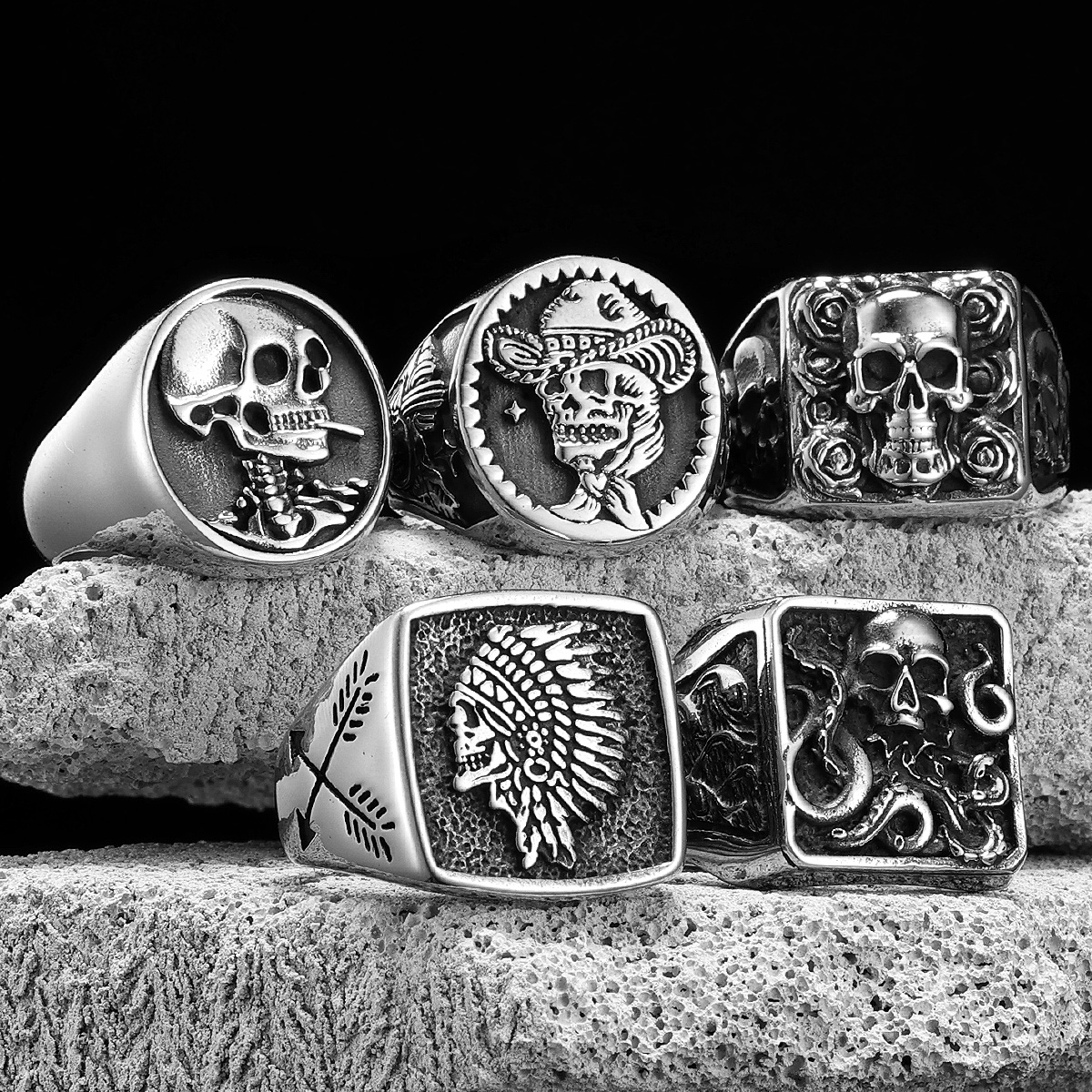 Anillos de calavera jefe vaquero monstruo para hombre, joyería de acero inoxidable para mujer, cosas geniales Punk Vintage, accesorios de , al por mayor