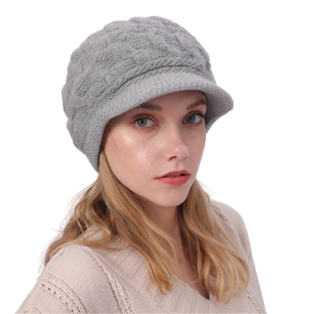 Gorros de felpa con visera de punto trenzado para mujer, boina informal a prueba de viento, Color liso, Otoño e Invierno: HSH25-Light gray
