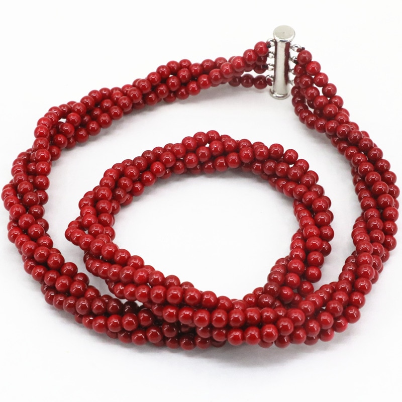 Kunstige koraller 4mm viklingstreng perler halskæde rød runde 4 rækker kæde fest bryllupper diy smykker 18 "  b3460