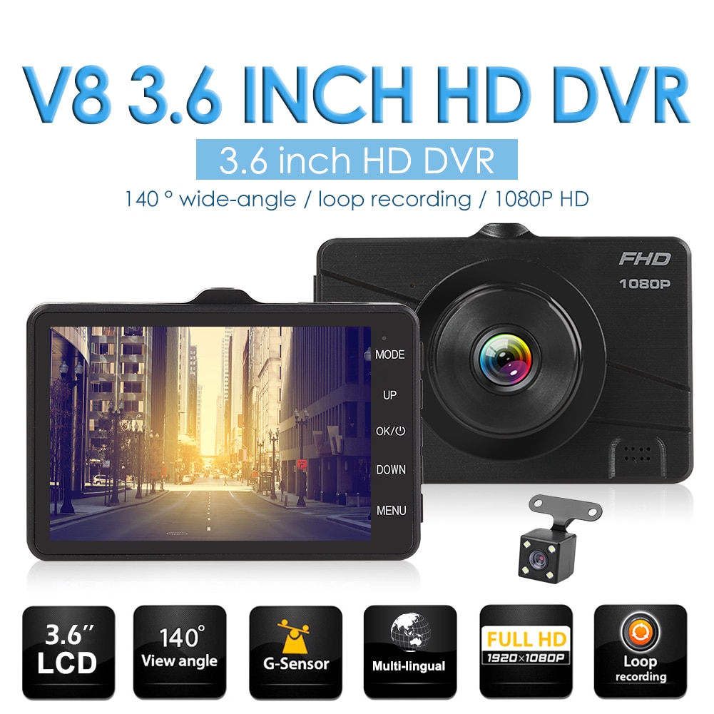 VODOOL 1080p Full HD Car DVR Dashboard Camera 3.6 inch TFT LCD Display Dash Cam Driving Recorder with Rear View Camera