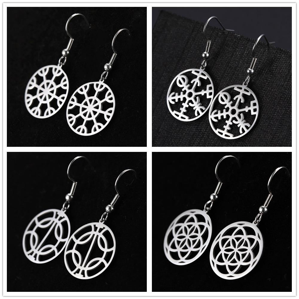 Skyrim viking kompass flower of life amulett øredobber rustfritt stål talisman dangle øredobber smykker for kvinner jenter