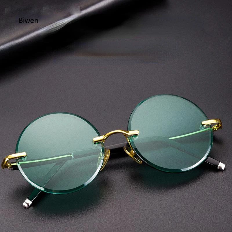 Gafas de sol de piedra de cristal verde para hombre, gafas de sol redondas sin montura a la , lentes minerales para mujer, gafas de sol de Retro para hombre