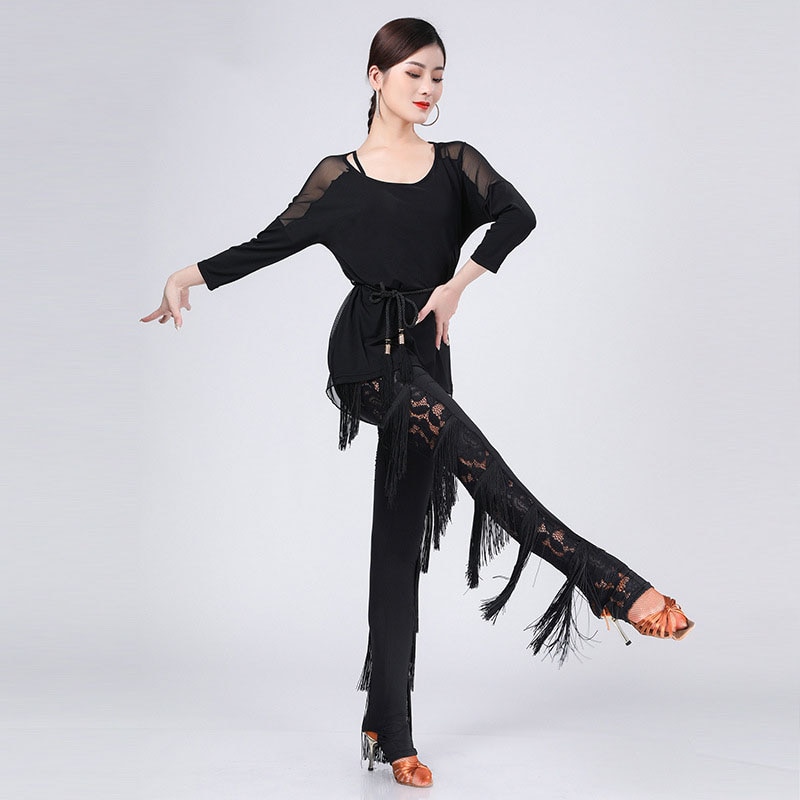 Trajes de baile latino para mujer, conjunto de traje de baile, vestidos de competición, pantalones de danza con flecos para adultos Tango