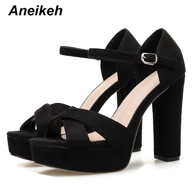 Aneikeh Flock Gladiator Sandalen Vrouw Peep Toe Platforms Hoge Hakken Enkelbandje Pompen Partij Nachtclub Schoenen Maat 42