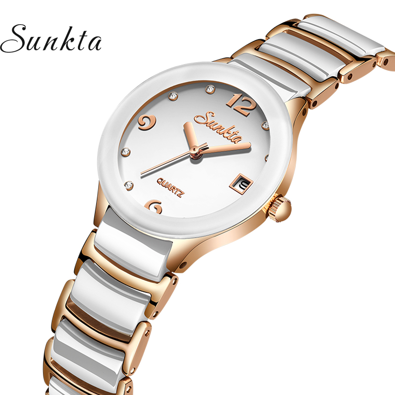 Top Luxe vrouwen horloges Vrouwen Casual Horloge SUNKTA Analoge Quartz Klok Roestvrij Staal Vrouwen Armband Horloge