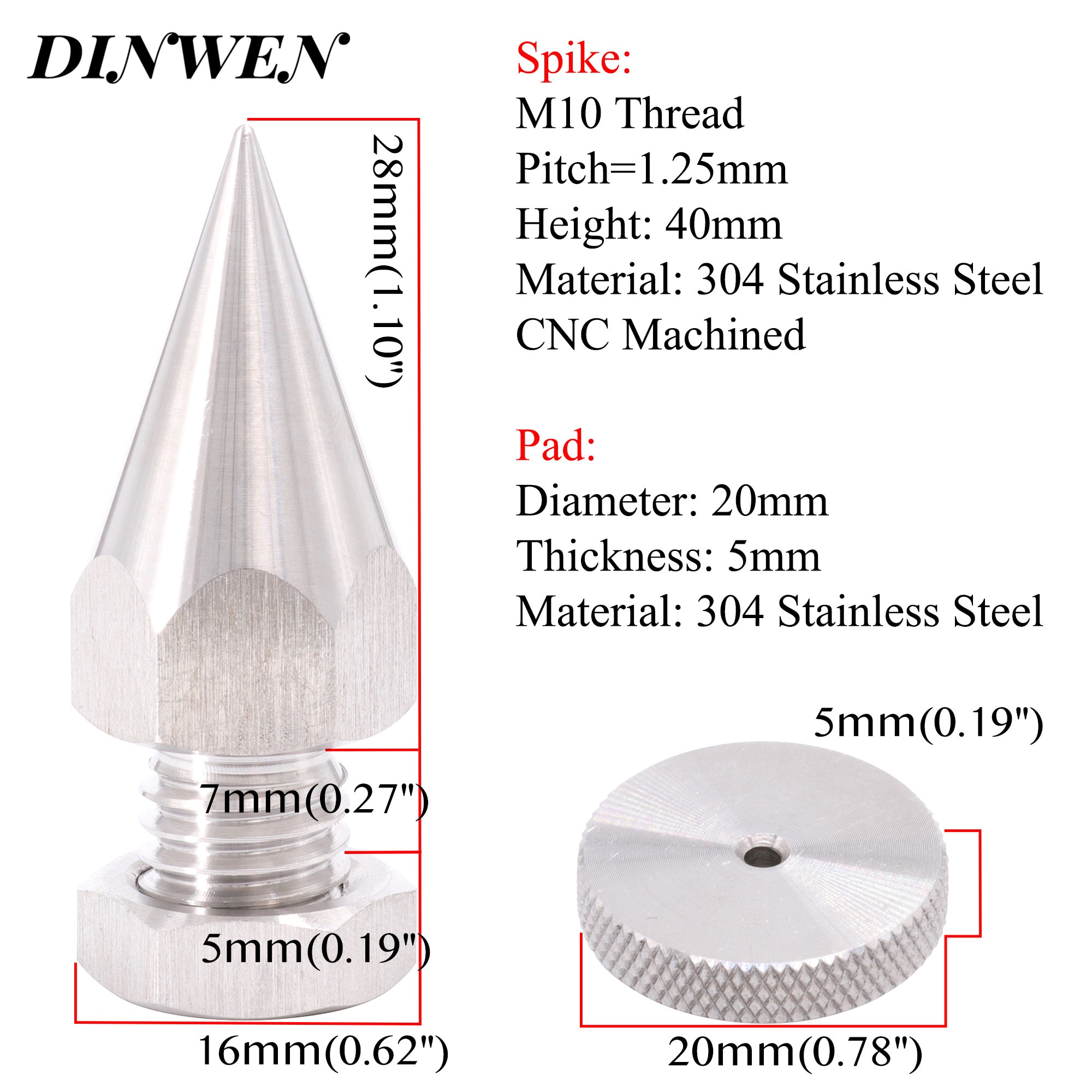 304 Stainless Steel Speaker Spike M6 M8 M10 Thread AMP Studio Monitor Turntable Pad 40mm Instrument Isolation Stand Cone Foot