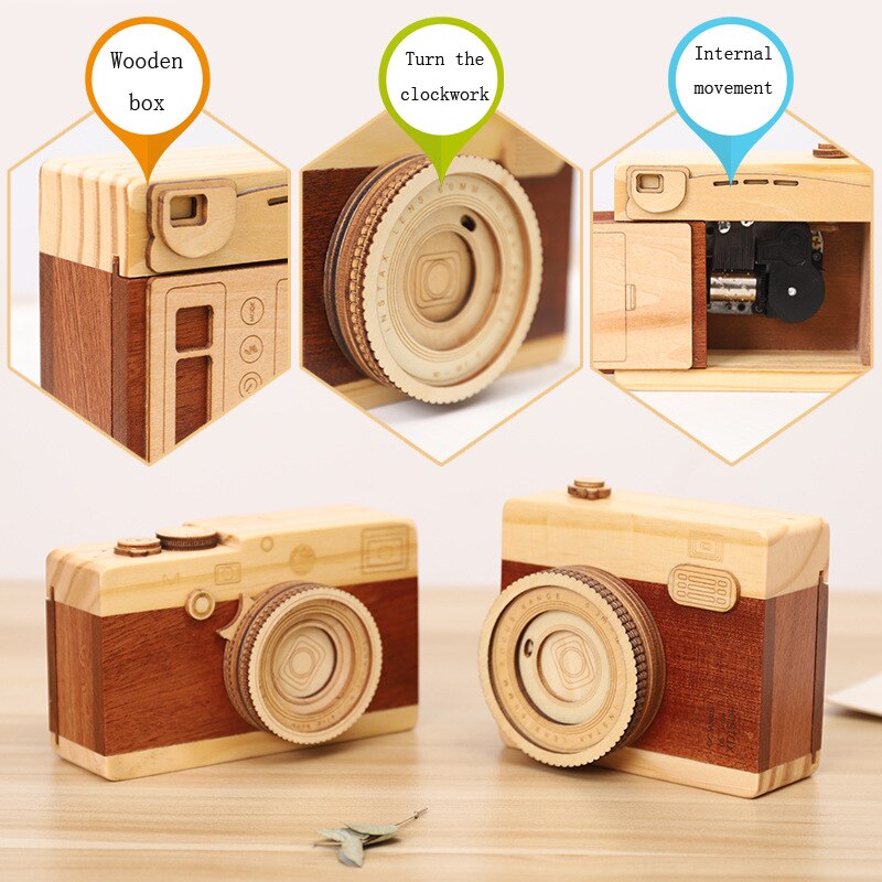 Caja de música de madera con de cámara Retro, Melody clásica, de cumpleaños, decoración del hogar, del Día de San Valentín para niña y amiga