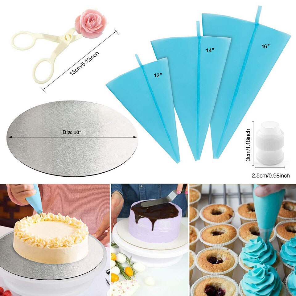 44Pcs Cake Baking Tools Turntable Decorating Tips Icing Spatula Smoother Silicone Piping Bag Cake Smoother Spatula