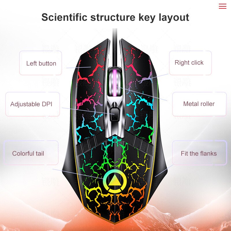 1pcs Wired Gaming Mouse Metal Wheel 4 Button Luminous Mouse USB Portable Fashionable Office Gaming Use Computer Accessories