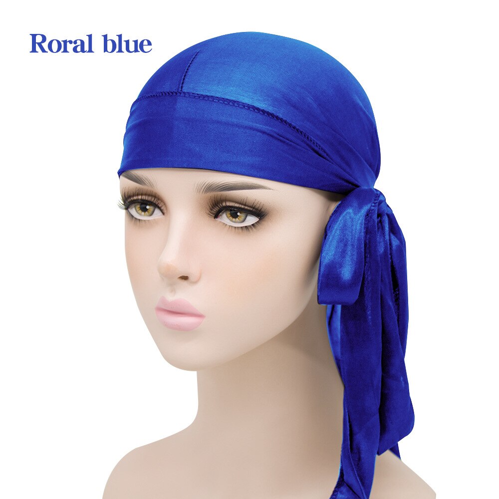 Durag do doo du chiffon en velours pour hommes et femmes, chapeau Bandana respirant, longue queue, couvre-chef chimio, couleur unie,: Blue