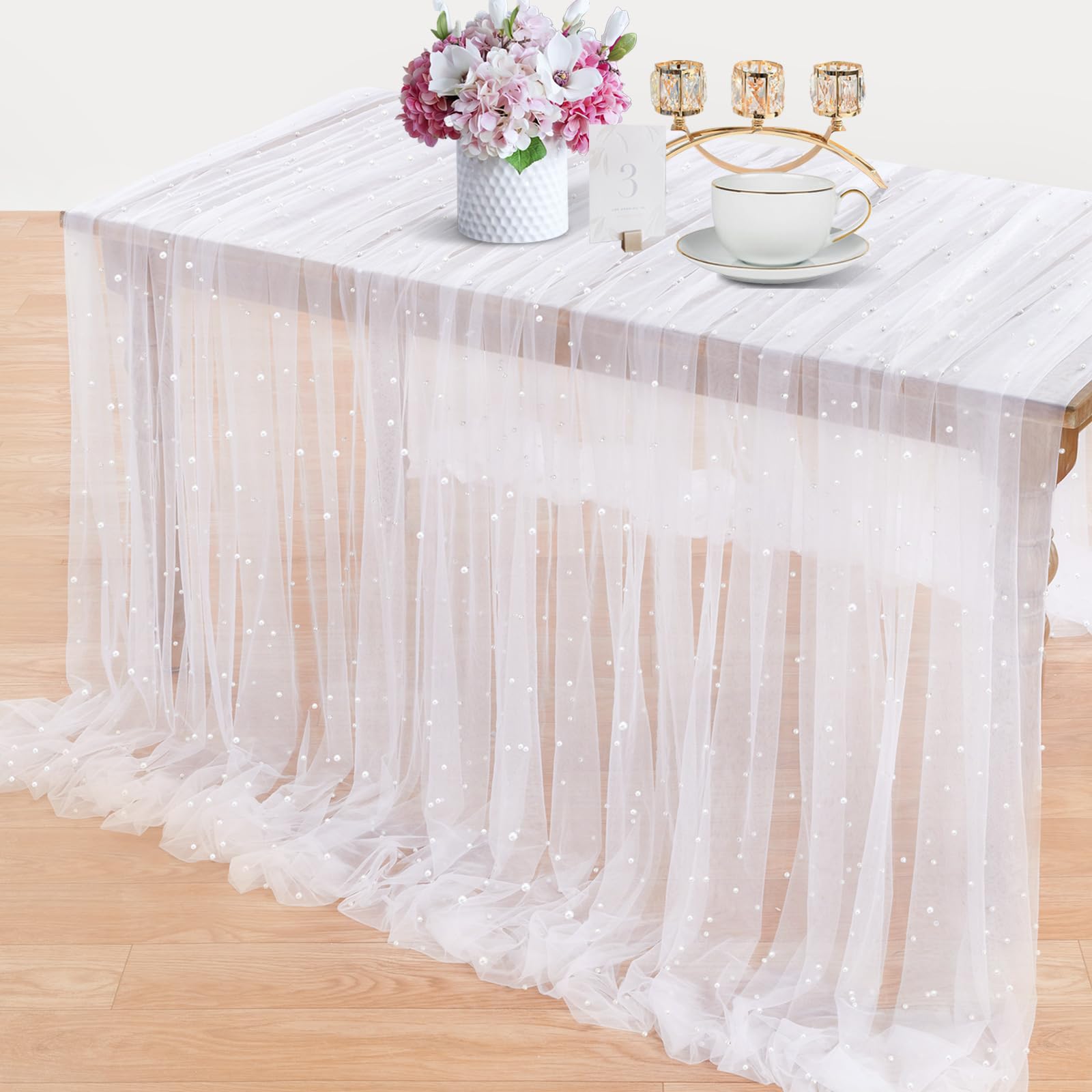 Witte Parel Tafelkleed Bruiloft Tafelloper Decor Tule Stof voor Bruidsdouche Bruiloft Boog Sluier Kant Dessert Tafelkleed: WHITE / 85*85 cm