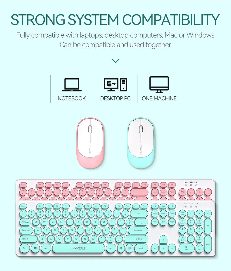 Thunder Wolf TF770 Wireless Keyboard and Mouse Set Punk Round Keycap Pink Girl Wireless Keyboard and Mouse for PC Laptop Office
