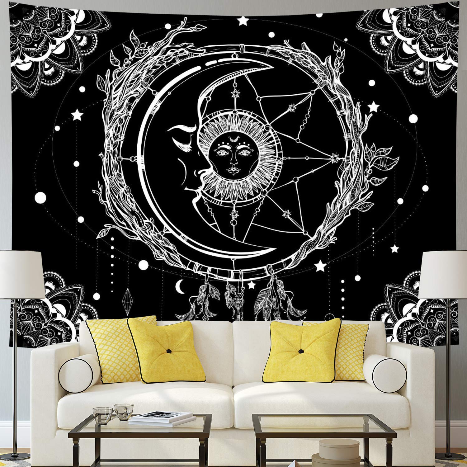 Maan En Zon Psychedelische Bohemian Mandala Wandtapijten Zwart-wit Indian Hippy Celestial Tapestry