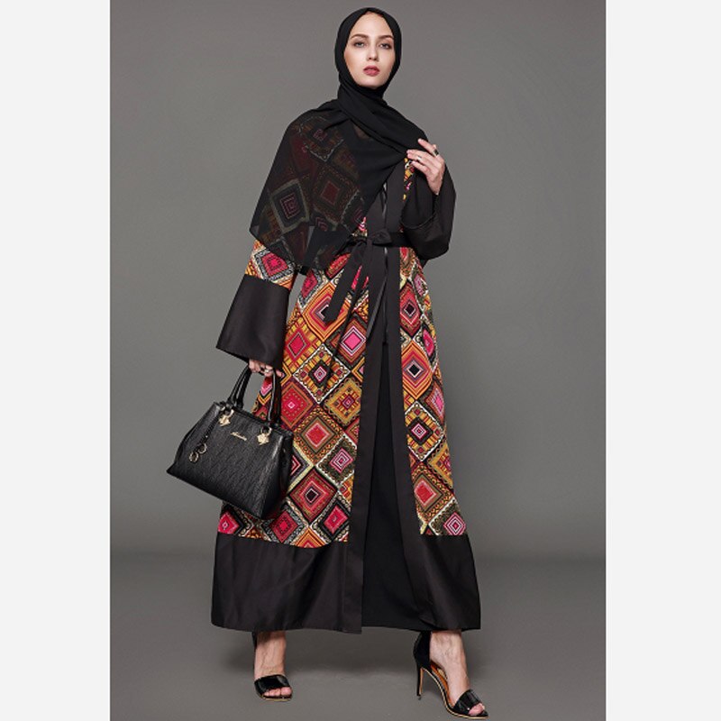 Vintage kontrast print cardigan muslimsk kjole frakke, islamisk kjole abaya / tunika lange klæder kimono ramadan arabisk tyrkisk tobe