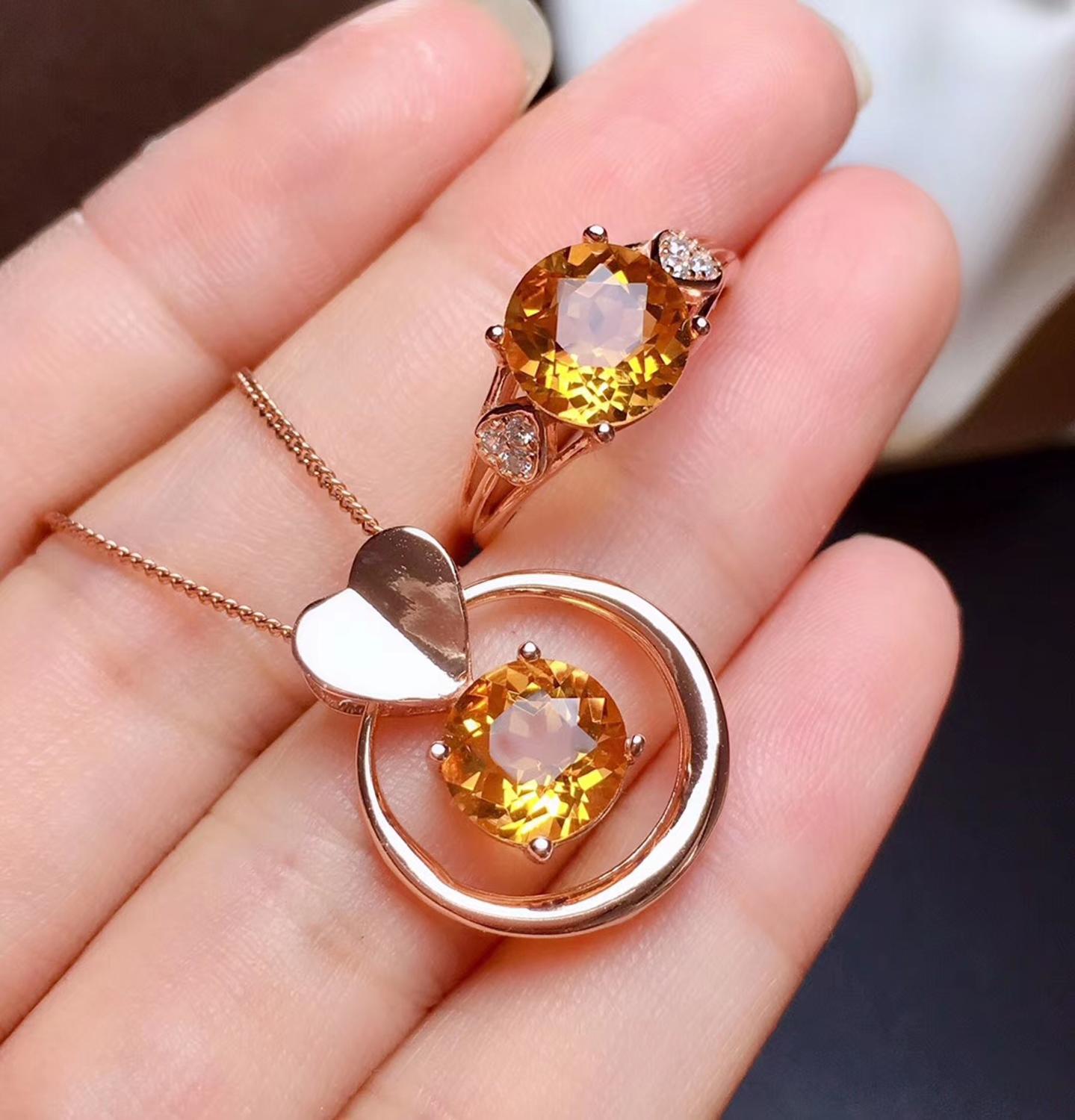 Di grande formato giallo citrino insieme dei monili tra cui anello della collana reale 925 argento festa di compleanno del regalo ornamento di colore giallo brillante