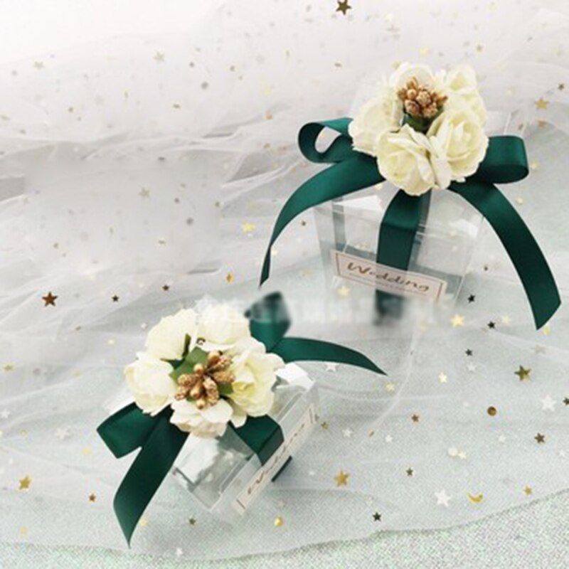 25pcs PVC Candy Box Birthday Party Event baby shower Decor Wedding Favor Party Supply bridesmaid Bag Box with Ribbon Flower: Green with flower