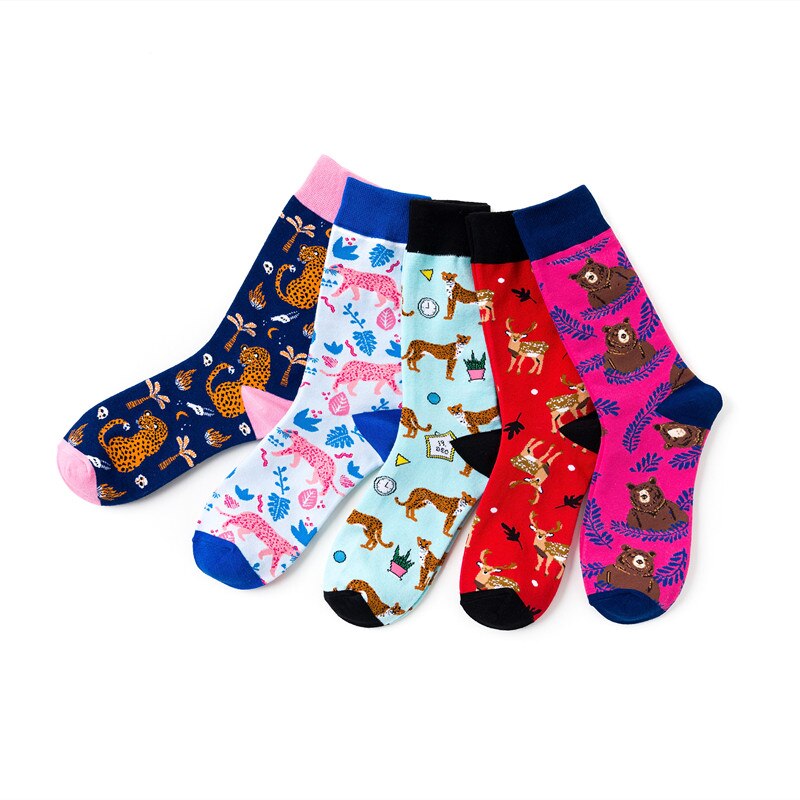 1 Pair Female Socks Cartoon Bear Deer Leopard Cute Funny Casual Women Cotton Sock Hosiery Streetwear Harajuku Crew Sock