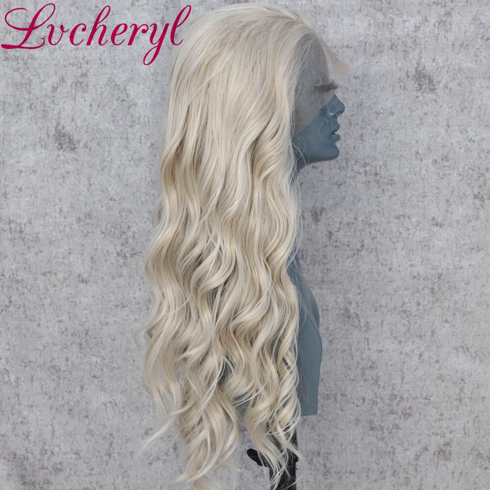 Lvcheryl lång vågig platina blond färg syntetisk spets främre peruker handbundna naturliga hår värmebeständigt hår peruker för kvinnor