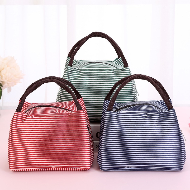 Leisure Women Portable Lunch Bag Canvas Stripe Insulated Cooler Bags Thermal Food Picnic Lunch Bags Kids Lunch Box Bag Tote